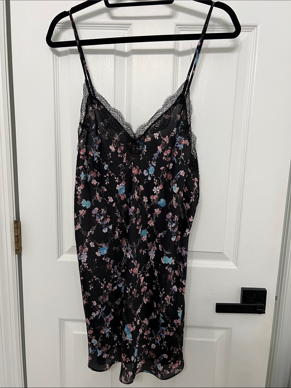 Victoria's Secret Black Floral Lace-Trim Slip with Pink & Blue Accents